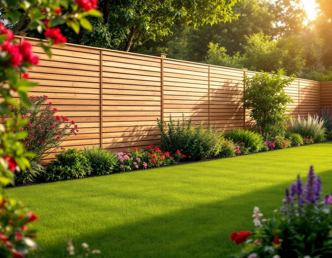 A modern timber garden fence around a lush landscaped UK garden